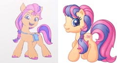 Size: 1237x645 | Tagged: safe, imported from derpibooru, screencap, scootaloo, scootaloo (g3), sunny starscout, earth pony, pony, braid, comparison, g3, g3.5, g5, hair tie, purple eyes, similarities