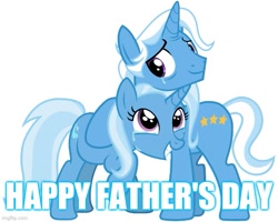 Size: 625x500 | Tagged: artist needed, safe, imported from derpibooru, jack pot, trixie, pony, unicorn, caption, crying, duo, father and child, father and daughter, father's day, female, hug, image macro, like father like daughter, like parent like child, male, simple background, tears of joy, teeth, text, vector, white background