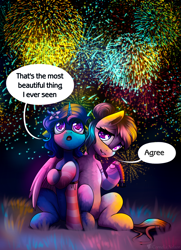 Size: 2224x3070 | Tagged: safe, artist:cornelia_nelson, imported from derpibooru, oc, oc:delly, oc:graceful motion, collar, fireworks, high res, text