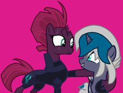 Size: 721x547 | Tagged: safe, artist:jadeharmony, artist:jadethepegasus, artist:princess-kitsune-tsu, artist:venomous-cookietwt, imported from derpibooru, fizzlepop berrytwist, tempest shadow, oc, oc:elizabat stormfeather, alicorn, bat pony, bat pony alicorn, pony, unicorn, alicorn oc, armor, base used, bat pony oc, bat wings, broken horn, canon x oc, eye scar, female, grin, hoof shoes, horn, hug, lesbian, looking at each other, mare, pink background, raised hoof, scar, shipping, simple background, smiling, stormshadow, wings