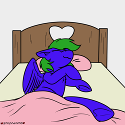 Size: 1000x1000 | Tagged: safe, artist:skydreams, imported from derpibooru, oc, oc only, oc:aqua grass, pegasus, pony, :3, bed, chest fluff, female, heart, heart shaped hooves, mare, patreon, patreon reward, pegasus oc, pillow, sleeping, wings