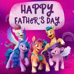 Size: 1080x1080 | Tagged: safe, imported from derpibooru, hitch trailblazer, izzy moonbow, pipp petals, sunny starscout, zipp storm, earth pony, pegasus, pony, unicorn, facebook, father's day, female, g5, male, mane five (g5), mare, my little pony: a new generation, official, stallion, text