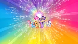 Size: 2556x1440 | Tagged: safe, imported from derpibooru, applejack, fluttershy, pinkie pie, rainbow dash, rarity, twilight sparkle, alicorn, earth pony, pegasus, pony, unicorn, female, g4, mane six, my little pony logo, official, pony history, rainbow background, rainbow power, sparkly background, twilight sparkle (alicorn), youtube banner