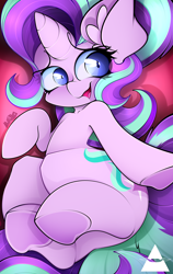 Size: 2894x4592 | Tagged: safe, artist:ahekao, imported from derpibooru, starlight glimmer, pony, unicorn, cute, ear fluff, female, females only, floppy ears, frog (hoof), glimmerbetes, hooves, looking at you, lying down, mare, on back, open mouth, open smile, smiling, solo, underhoof