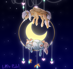 Size: 1366x1300 | Tagged: safe, artist:littlepudel, imported from derpibooru, oc, pegasus, pony, crescent moon, dreamcatcher, moon, oc x oc, shipping