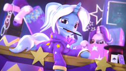 Size: 7680x4320 | Tagged: safe, artist:calveen, imported from derpibooru, starlight glimmer, trixie, pony, unicorn, 3d, absurd resolution, alternate hairstyle, babysitter trixie, card, chest, clothes, duo, duo female, female, hat, hoodie, mouth hold, source filmmaker, stage, stars, trixie's hat