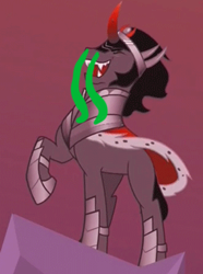 Size: 283x380 | Tagged: safe, edit, edited screencap, editor:whodoesntlovesnot, imported from derpibooru, screencap, king sombra, pony, unicorn, the cutie re-mark, 1000 hours in ms paint, cropped, evil laugh, eyes closed, laughing, male, open mouth, runny nose, snot, snot edit, solo