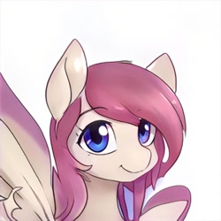 Size: 1024x1024 | Tagged: safe, artist:thisponydoesnotexist, imported from derpibooru, oc, oc:cherry breeze, pegasus, pony, ai content, ai generated, generator:thisponydoesnotexist, gray background, looking at you, neural network, open mouth, simple background, solo