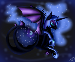 Size: 1004x840 | Tagged: safe, artist:rubyredorca, imported from derpibooru, nightmare moon, alicorn, hippocampus, hybrid, merpony, pony, seapony (g4), bat wings, blue eyes, blue mane, bubble, colored pupils, dorsal fin, ethereal mane, eyelashes, female, fins, flowing tail, helmet, hoof shoes, horn, ocean, seaponified, signature, solo, species swap, starry mane, swimming, tail, underwater, water, watermark, wings