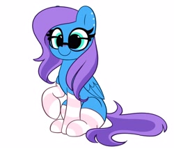 Size: 4096x3507 | Tagged: safe, artist:kittyrosie, imported from derpibooru, oc, oc only, pegasus, pony, big eyes, blushing, clothes, commission, cute, cyan eyes, ear freckles, freckles, glasses, high res, ocbetes, pegasus oc, raised hoof, simple background, sitting, smiling, socks, solo, striped socks, white background, ych result