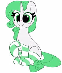 Size: 3479x4096 | Tagged: safe, artist:kittyrosie, imported from derpibooru, oc, oc only, pony, unicorn, blushing, clothes, commission, cute, female, green eyes, green mane, horn, mare, not rarity, ocbetes, socks, solo, striped socks, unicorn oc, ych result