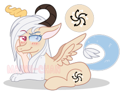 Size: 1477x1137 | Tagged: dead source, safe, artist:cherritoppu, artist:maiii-san, imported from derpibooru, oc, oc only, draconequus, blushing, draconequus oc, heterochromia, horns, lying down, prone, simple background, smiling, solo, transparent background, wings