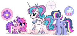 Size: 1348x643 | Tagged: dead source, safe, artist:cherritoppu, artist:maiii-san, imported from derpibooru, princess flurry heart, oc, alicorn, pegasus, pony, blushing, ethereal mane, female, grin, hair over eyes, hoof shoes, horn, jewelry, male, mare, my little pony, offspring, older, older flurry heart, parent:princess cadance, parent:shining armor, parents:shiningcadance, pegasus oc, peytral, raised hoof, simple background, smiling, stallion, starry mane, tiara, transparent background, wings