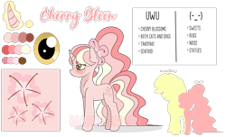 Size: 3188x1944 | Tagged: dead source, safe, artist:cherritoppu, artist:maiii-san, imported from derpibooru, oc, oc only, oc:cherry bloom, pony, unicorn, eye, female, glowing horn, horn, mare, reference sheet, silhouette, simple background, solo, transparent background