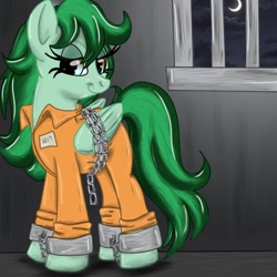 Size: 1024x1024 | Tagged: safe, artist:star14131, imported from derpibooru, oc, oc only, oc:eden shallowleaf, pony, bound wings, clothes, cuffs, jail, prison, prison outfit, smiling, smirk, solo, wings