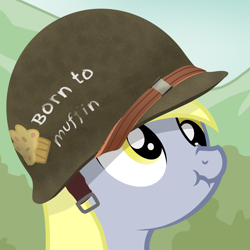 Size: 3000x3000 | Tagged: safe, artist:pizzamovies, imported from derpibooru, derpy hooves, pegasus, pony, born to kill, bust, clothes, female, food, full metal jacket, helmet, high res, mare, meme, muffin, scrunchy face, solo, war