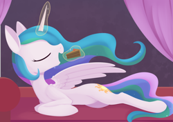 Size: 1394x988 | Tagged: safe, artist:dusthiel, imported from derpibooru, princess celestia, alicorn, pony, atg 2021, cake, cake slice, cakelestia, ethereal mane, ethereal tail, eyes closed, female, food, leg fluff, lying down, magic, mare, newbie artist training grounds, on side, open mouth, partially open wings, solo, tail, telekinesis, wings
