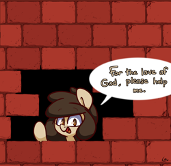 Size: 2500x2432 | Tagged: safe, artist:lou, imported from derpibooru, oc, oc only, oc:louvely, pony, brick wall, commission, commissioner:reversalmushroom, edgar allan poe, funny, high res, immurement, meme, solo, the cask of amontillado, wall