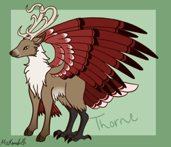 Size: 1750x1500 | Tagged: safe, artist:misskanabelle, imported from derpibooru, oc, oc only, oc:thorne, deer, deer pony, hybrid, original species, peryton, abstract background, adopted offspring, antlers, chest fluff, interspecies offspring, magical lesbian spawn, offspring, parent:pinkie pie, parent:princess skystar, parents:skypie, signature, solo