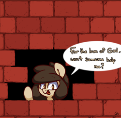 Size: 2500x2432 | Tagged: safe, alternate version, artist:lou, imported from derpibooru, oc, oc only, oc:louvely, pony, brick wall, commission, edgar allan poe, funny, high res, immurement, meme, solo, the cask of amontillado, wall