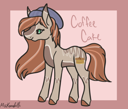 Size: 1750x1500 | Tagged: safe, artist:misskanabelle, imported from derpibooru, oc, oc only, oc:coffee cake, earth pony, pony, abstract background, beanie, colored hooves, earth pony oc, female, hat, mare, offspring, parent:carrot cake, parent:cup cake, parents:carrot cup, signature