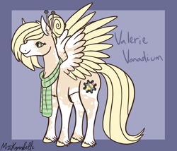 Size: 1750x1500 | Tagged: safe, artist:misskanabelle, imported from derpibooru, oc, oc only, oc:valerie vanadium, pegasus, pony, abstract background, clothes, hairpin, offspring, parent:derpy hooves, parent:doctor whooves, parents:doctorderpy, pegasus oc, scarf, signature, two toned wings, unshorn fetlocks, wings