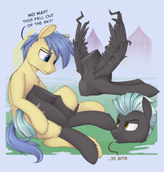 Size: 1800x1884 | Tagged: safe, artist:uliovka, imported from derpibooru, goldengrape, sir colton vines iii, thunderlane, earth pony, pegasus, pony, carnival, detachable head, dialogue, disassembly fetish, duo, duo male, half, headless, male, modular, stallion, tent