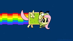 Size: 1920x1080 | Tagged: safe, artist:syrupyyy, imported from derpibooru, fluttershy, pegasus, pony, animated, antonymph, clothes, cute, female, fluttgirshy, food, gif, hoodie, invader zim, mare, meme, nyan cat, poptart, rainbow, shyabetes, solo, vylet pony