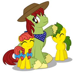 Size: 1600x1590 | Tagged: safe, artist:aleximusprime, imported from derpibooru, tex, oc, oc:annie smith, oc:apple chip, flurry heart's story, apple twins, clothes, cowboy hat, father, father and child, father and daughter, father and son, father's day, female, hat, like father like daughter, like father like son, like parent like child, male, noogie, nuzzles, nuzzling, offspring, parent:applejack, parent:tex, parents:texjack, scarf, siblings, stetson, twins