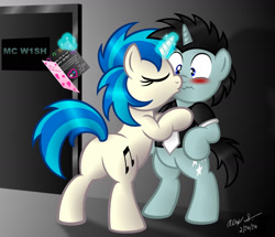 Size: 1600x1374 | Tagged: safe, artist:aleximusprime, imported from derpibooru, dj pon-3, neon lights, rising star, vinyl scratch, pony, unicorn, backwards cutie mark, blushing, female, holiday, kissing, male, mare, shipping, stallion, straight, valentine, valentine's day, vinylights