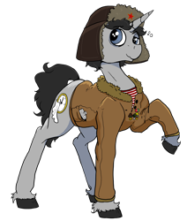 Size: 5643x6653 | Tagged: safe, artist:paskanaakka, imported from ponybooru, oc, oc:ragtime melody, pony, unicorn, alcohol, blue eyes, flask, hat, medal, ponybooru collab 2021, simple background, solo, transparent background, unshorn fetlocks, ushanka