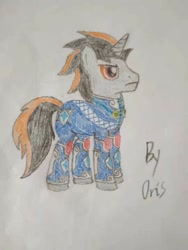 Size: 1080x1439 | Tagged: artist needed, safe, imported from ponybooru, oc, oc only, unicorn, clothes, gray coat, horn, male, signature, simple background, solo, stallion, traditional art, two toned mane, two toned tail, uniform, white background