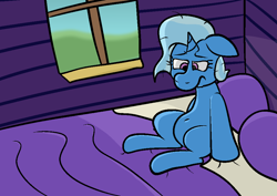 Size: 1920x1356 | Tagged: safe, artist:xppp1n, imported from ponybooru, trixie, alternate hairstyle, bed, morning hair, pillow, sitting, solo, trixie's wagon