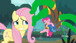 Size: 800x450 | Tagged: safe, edit, edited screencap, imported from derpibooru, screencap, fluttershy, pinkie pie, yakity-sax, 1000 hours in ms paint, discovery family logo, duo, puffy cheeks, snot, snot edit, yovidaphone