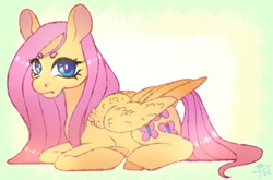 Size: 2048x1353 | Tagged: safe, artist:flutterbree, imported from derpibooru, fluttershy, pegasus, pony, beanbrows, cute, daaaaaaaaaaaw, eyebrows, female, gradient background, looking at you, lying down, mare, ponyloaf, prone, shyabetes, solo, wing fluff