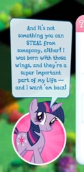 Size: 265x540 | Tagged: safe, imported from derpibooru, twilight sparkle, pony, unicorn, blatant lies, critical research failure, error, fail, gameloft, implied theft, implied wings, incorrect, mobile game, no, solo, somebody needs to rewatch the show, speech bubble, text, unicorn twilight, wrong, you had one job