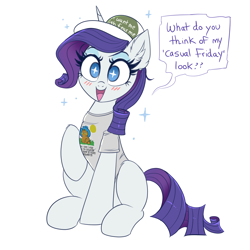 Size: 4000x4000 | Tagged: safe, artist:confetticakez, imported from derpibooru, rarity, pony, unicorn, blushing, cap, casual friday, clothes, crime against fashion, ear fluff, fashion disaster, female, garfield, hat, mare, shirt, simple background, solo, speech bubble, starry eyes, t-shirt, white background, wingding eyes