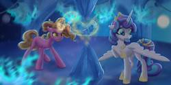 Size: 4000x2000 | Tagged: safe, artist:shaslan, imported from derpibooru, luster dawn, princess flurry heart, alicorn, pony, unicorn, the last problem, crown, crystal heart, duo, glowing horn, hoof shoes, horn, jewelry, magic, magic aura, older, older flurry heart, open mouth, regalia, teeth