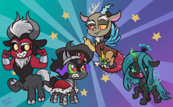 Size: 1280x795 | Tagged: safe, artist:itoruna-the-platypus, imported from derpibooru, discord, king sombra, lord tirek, queen chrysalis, centaur, changeling, changeling queen, draconequus, pony, taur, umbrum, unicorn, my little pony: pony life, female, g4, g4 to g4.5, g4.5, male, mare, middle finger, pony life, signature, style emulation, vulgar