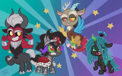 Size: 1280x795 | Tagged: safe, alternate version, artist:itoruna-the-platypus, imported from derpibooru, discord, king sombra, lord tirek, queen chrysalis, centaur, changeling, changeling queen, draconequus, pony, taur, umbrum, unicorn, my little pony: pony life, female, g4, g4 to g4.5, g4.5, male, mare, middle finger, pony life, signature, stars, style emulation, vulgar
