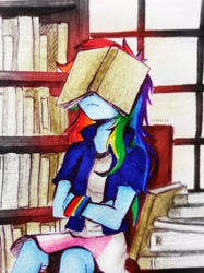 Size: 2598x3472 | Tagged: safe, artist:liaaqila, imported from derpibooru, rainbow dash, equestria girls, book, book on head, bookshelf, crossed arms, exploitable meme, high res, meme, reading, reading rainbow, solo