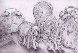 Size: 1484x1014 | Tagged: safe, artist:nedemai, imported from derpibooru, pinkie pie, oc, unicorn, atg 2021, clock, clocks, horn, lots of clocks, newbie artist training grounds, pencil, pencil drawing, traditional art, unicorn oc