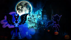 Size: 3265x1837 | Tagged: safe, artist:wild-woelfchen, imported from derpibooru, nightmare moon, tantabus, alicorn, pony, canterlot castle, eyes closed, full moon, halloween, holiday, jack-o-lantern, laughing, moon, pumpkin, wallpaper