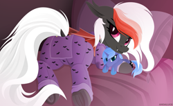 Size: 3229x1979 | Tagged: safe, artist:andaluce, imported from derpibooru, princess luna, oc, oc only, oc:amaryllis, bat pony, pony, bed, butt flap, clothes, cute, female, filly, lineless, mare, pajamas, plushie, solo, woona, younger