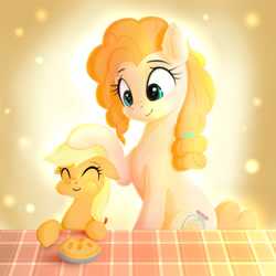 Size: 2000x2000 | Tagged: safe, artist:darksly, imported from derpibooru, applejack, pear butter, earth pony, pony, cute, eating, eyes closed, female, filly, filly applejack, food, freckles, herbivore, high res, jackabetes, mare, mother and child, mother and daughter, newbie artist training grounds, pearabetes, pie, puffy cheeks, younger