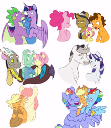 Size: 6264x7218 | Tagged: safe, artist:chub-wub, imported from derpibooru, applejack, bow hothoof, bright mac, cheese sandwich, discord, fluttershy, gentle breeze, hondo flanks, igneous rock pie, li'l cheese, night light, pinkie pie, rainbow dash, rarity, spike, twilight sparkle, alicorn, draconequus, dragon, earth pony, ghost, pegasus, pony, undead, unicorn, the last problem, absurd resolution, adopted offspring, alternate hairstyle, appledash, applejack's hat, beard, blushing, cheesepie, cowboy hat, dad six, discoshy, eye clipping through hair, eyebrows, eyebrows visible through hair, eyes closed, facial hair, father and child, father and daughter, father and son, father's day, female, grandfather and grandchild, grin, group hug, hat, hug, lesbian, male, mane seven, mane six, mare, older, older applejack, older fluttershy, older mane seven, older mane six, older pinkie pie, older rainbow dash, older rarity, older spike, older twilight, open mouth, shipping, simple background, smiling, stallion, straight, twilight sparkle (alicorn), wall of tags, white background, winged spike, winghug, wings