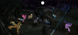 Size: 3649x1643 | Tagged: safe, artist:kwendynew, imported from derpibooru, applejack, fluttershy, nightmare moon, pinkie pie, rainbow dash, rarity, twilight sparkle, alicorn, earth pony, pegasus, pony, unicorn, friendship is magic, fight, gorge, mane six, moon, night, old castle ruins, party cannon, ruins, shadowbolts, unicorn twilight