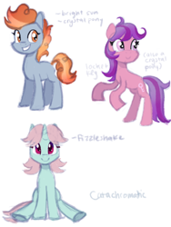 Size: 756x1008 | Tagged: safe, artist:catachromatic, imported from derpibooru, crystal pony, earth pony, pony, unicorn, blind bag pony, bright sun, colored sketch, fizzleshake, locket key, missing cutie mark, rearing, simple background, solo, toy interpretation, white background