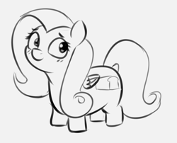 Size: 1077x870 | Tagged: safe, artist:heretichesh, imported from derpibooru, fluttershy, pegasus, pony, alternate cutie mark, female, gray background, grayscale, mare, monochrome, simple background, sketch, solo, squatpony