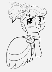 Size: 1443x1977 | Tagged: safe, artist:heretichesh, imported from derpibooru, scootaloo, pegasus, pony, clothes, dress, female, filly, gray background, grayscale, looking back, monochrome, simple background, sketch, solo